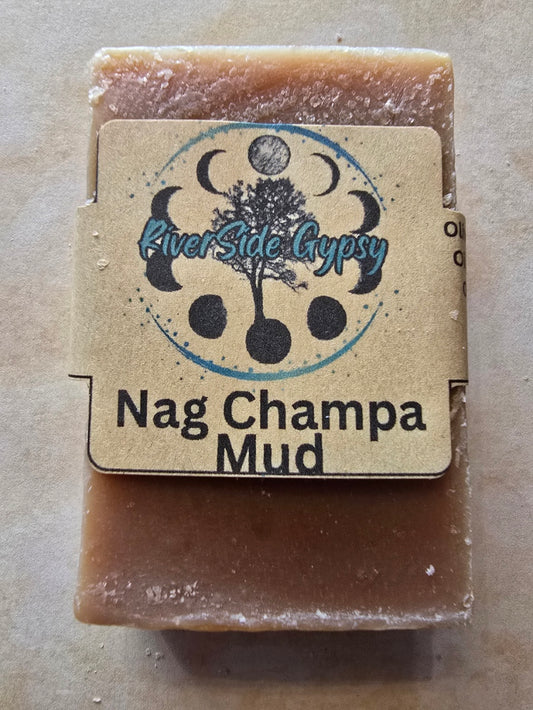 Nag Champa Mud rhassoul clay soap bar with RiverSide Gypsy label