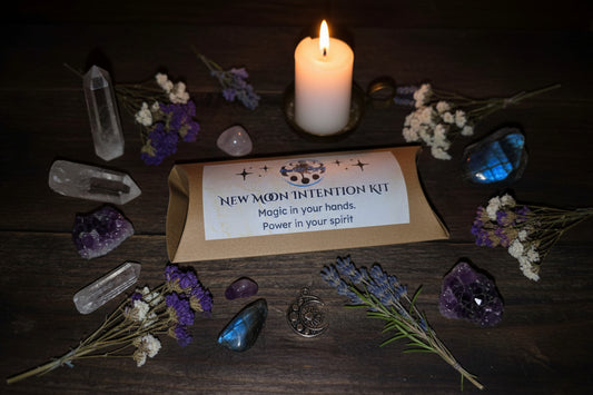 New Moon Intention Ritual Kit with Labradorite and Clear Quartz, black or dark blue candle and printed ritual scroll by RiverSide Gypsy