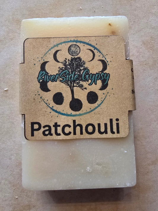 Patchouli exfoliating soap bar with RiverSide Gypsy label
