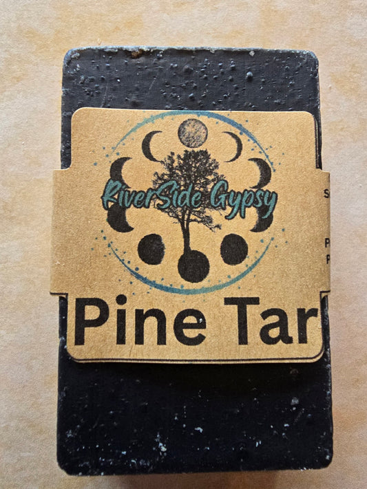 Pine Tar exfoliating cold process soap bar with RiverSide Gypsy label