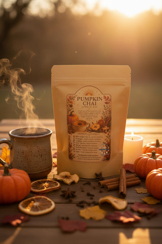 Clear 1.5 oz pouch of RiverSide Gypsy Pumpkin Chai botanical simmer pot blend