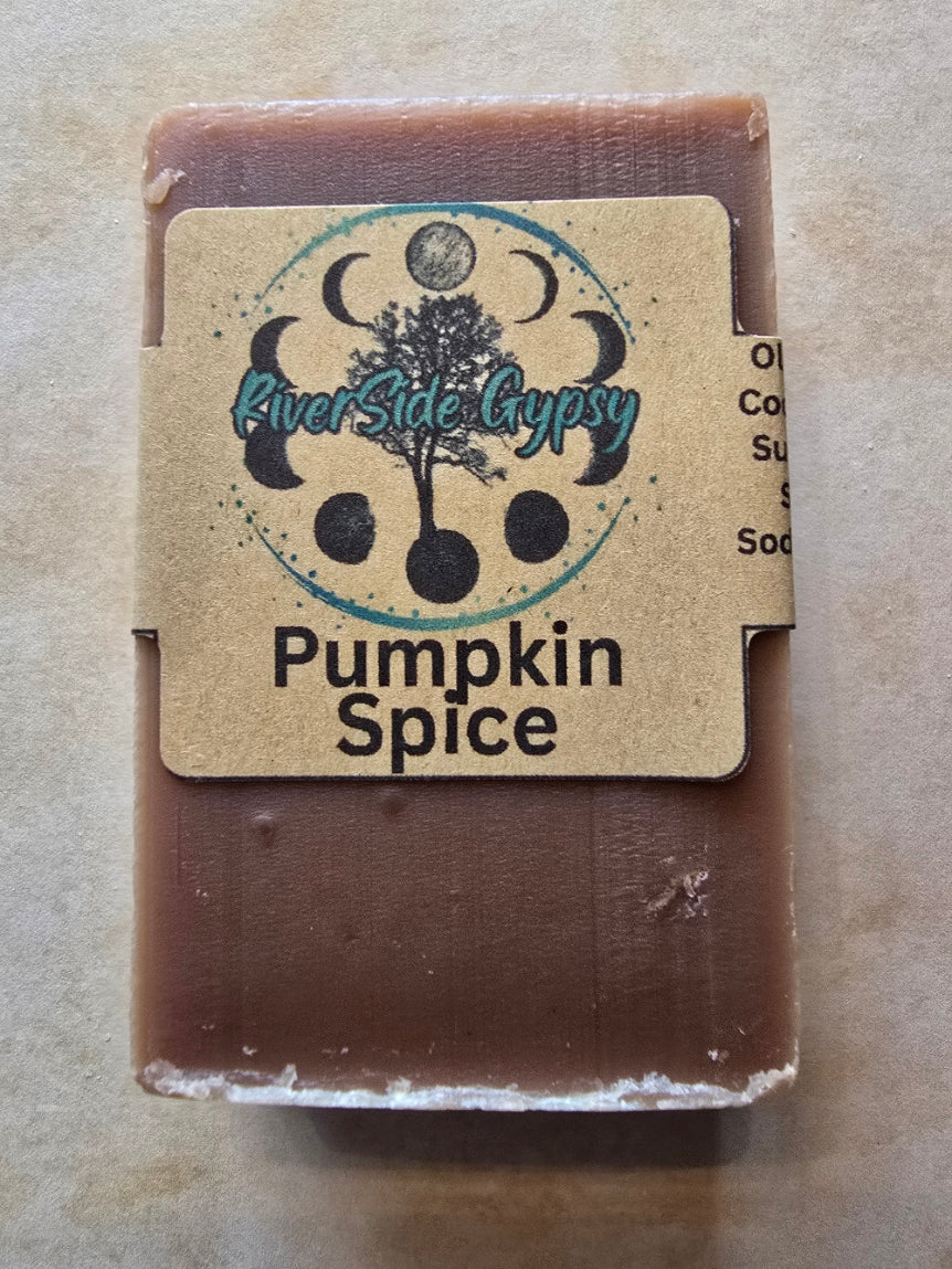 Pumpkin Spice cold process soap bar with RiverSide Gypsy label
