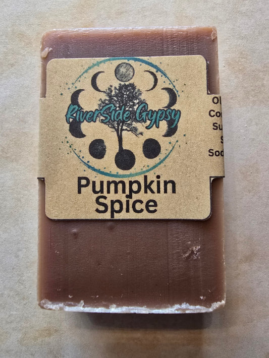 Pumpkin Spice cold process soap bar with RiverSide Gypsy label