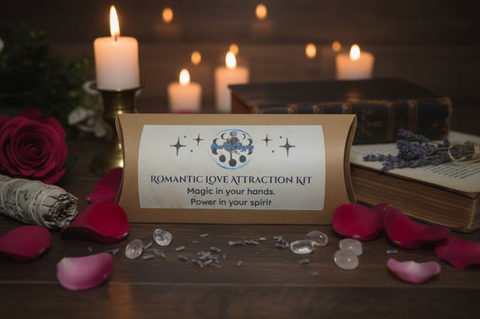 Romantic Love Attraction Ritual Kit with Rose Quartz and Garnet, red candle and printed ritual scroll by RiverSide Gypsy