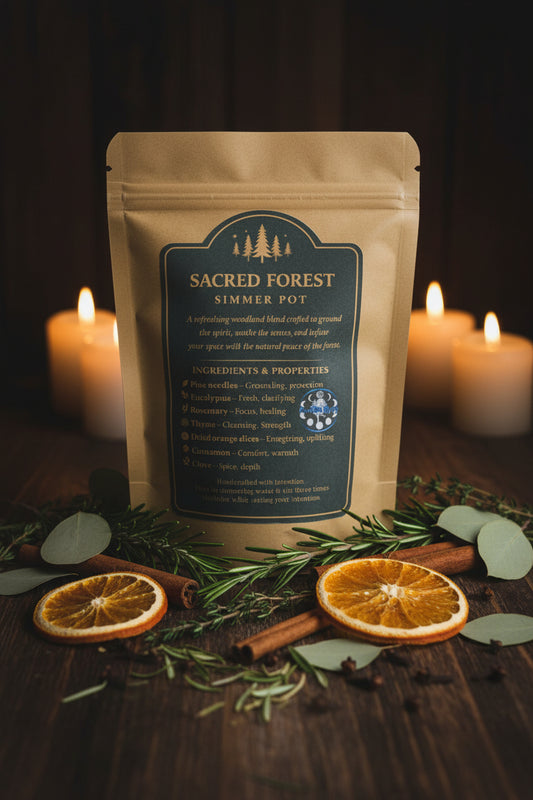 Clear 1.5 oz pouch of RiverSide Gypsy Sacred Forest botanical simmer pot blend