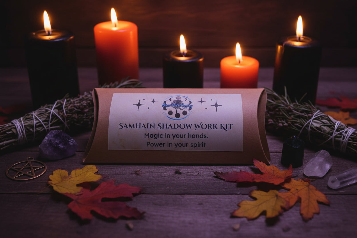 Samhain Shadow Work Ritual Kit with Obsidian and Amethyst, black or deep red candle and printed ritual scroll by RiverSide Gypsy