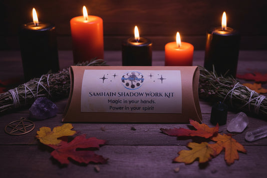Samhain Shadow Work Ritual Kit with Obsidian and Amethyst, black or deep red candle and printed ritual scroll by RiverSide Gypsy