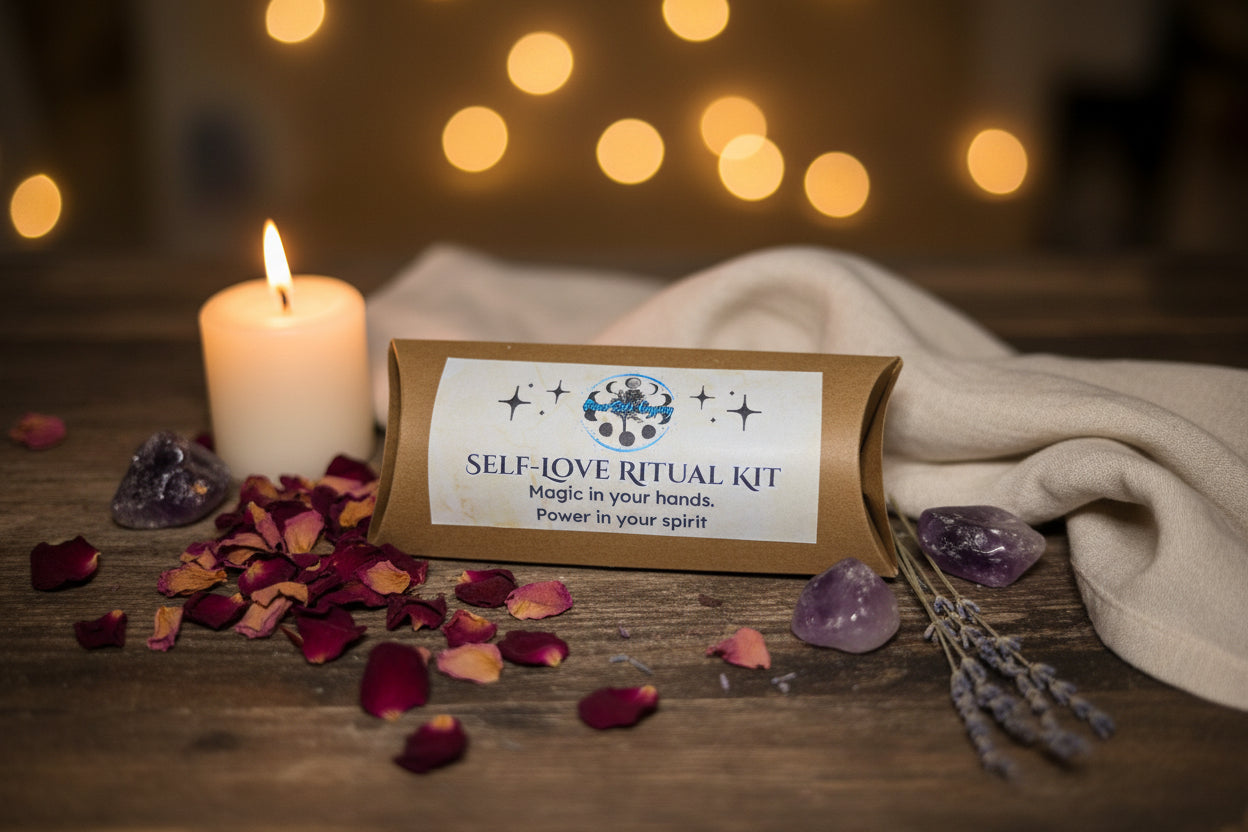 Self-Love Ritual Kit with Rose Quartz and Rhodonite, pink candle and printed ritual scroll by RiverSide Gypsy