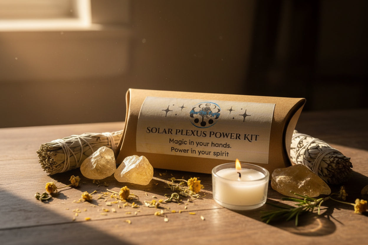 Solar Plexus Power Ritual Kit with Citrine and Tiger's Eye, bright yellow candle and printed ritual scroll by RiverSide Gypsy