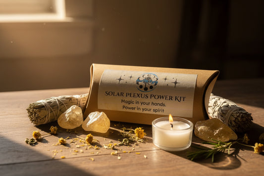 Solar Plexus Power Ritual Kit with Citrine and Tiger's Eye, bright yellow candle and printed ritual scroll by RiverSide Gypsy