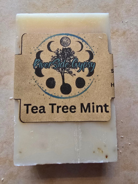 Tea Tree Mint exfoliating soap bar with RiverSide Gypsy label